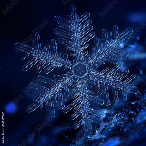 Conceptual Macro Snowflake Featuring Intricate Digital Circuit Board Crystal Patterns And Microchip Geometry In Glowing Electric Blue Tech Aesthetic
