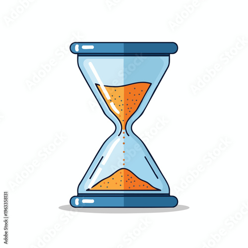 A blue and orange hourglass with sand flowing down a white background