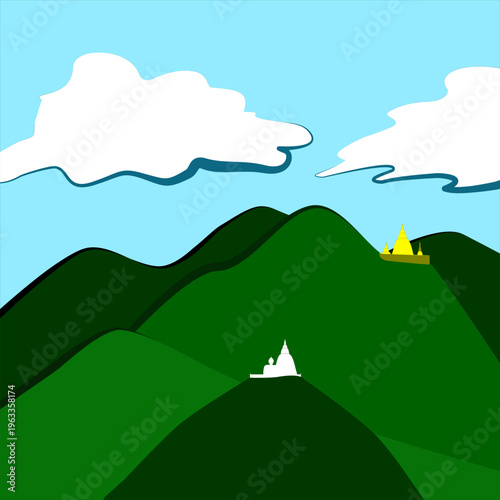 Green Mountain Landscape with Temple Silhouette