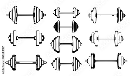 Gym Barbell Black White Vector Collection Weightlifting Fitness Equipment Outline Illustration
