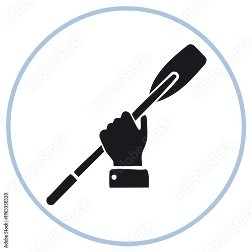 Black Hand Holding Paddle Inside Light Blue Circle Symbolizing Kayaking Canoeing Rowing and Water Activities