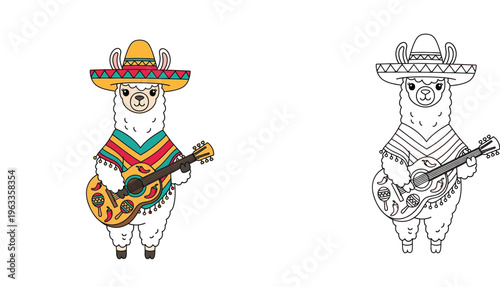 Mexican Llama Alpaca Character Playing Guitar in Sombrero and Poncho, Color and Line Art Coloring Page Vector Illustration for Kids
