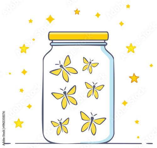 Luminous fireflies glowing inside a clear glass jar surrounded by magical yellow stars