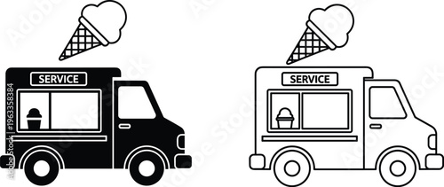 Ice cream truck outline set with service vehicle dessert van line art illustration collection