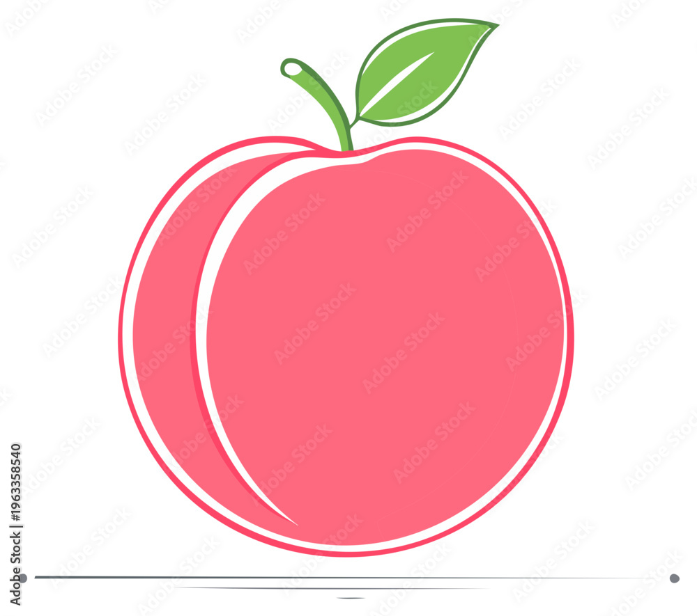 Fototapeta premium Simple peach fruit illustration with green leaf. Stylized flat vector icon for healthy food and design.