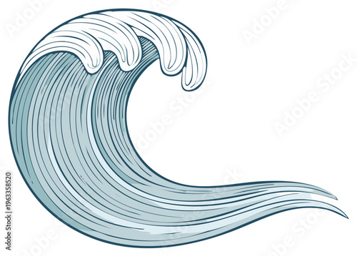 Curving ocean wave with frothy crest and flowing water lines stylized illustration