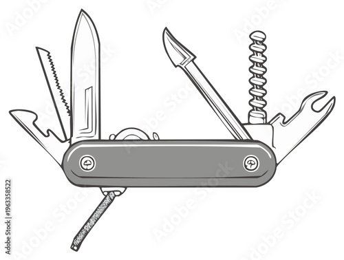 Vector illustration of a multi-tool pocket knife with multiple tools deployed