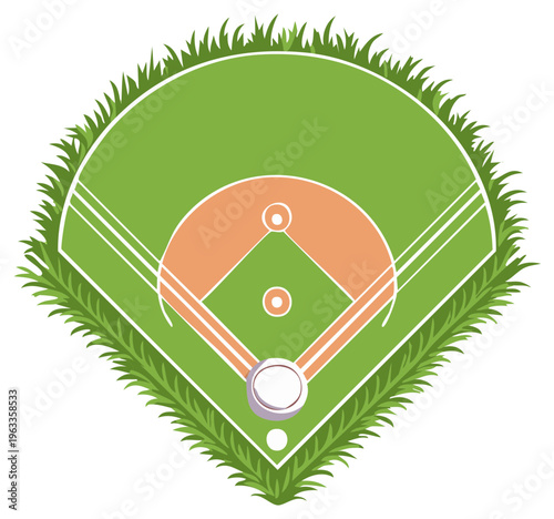 Baseball field illustration with grass border and baseball