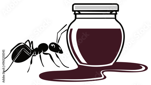 Ant near Jar with Spilled Red Liquid Sweet Temptation Vector Image Isolated Design Graphic