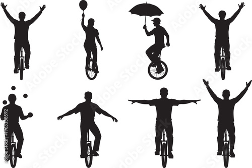 Set of unicycle rider silhouettes performing stunts with umbrella balloon and juggling balls, circus performer icons, cad drawing flat vector illustration for graphic design.