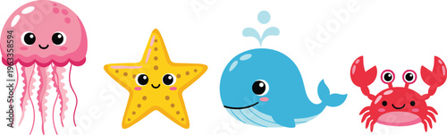 Cute sea animals cartoon set with jellyfish starfish whale crab ocean character illustration collection