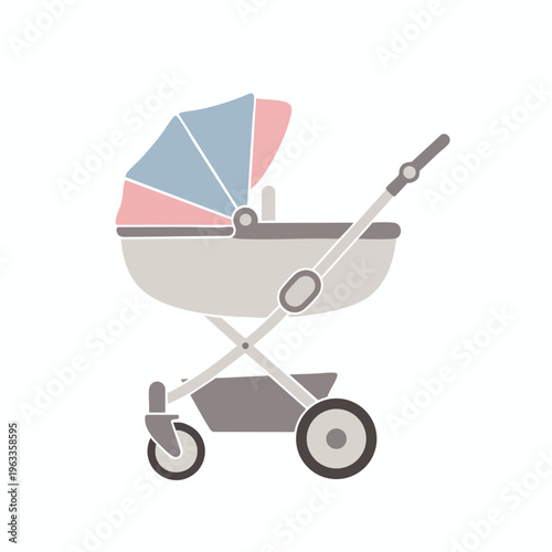A stylized, flat illustration of a pram in neutral colors with a pale pink and blue hood