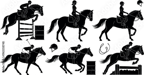 Equestrian Show Jumping Silhouette Set with Rider and Horse Performing Obstacles, Training, and Competition Scenes in Dynamic Black Shadow Illustration Style
