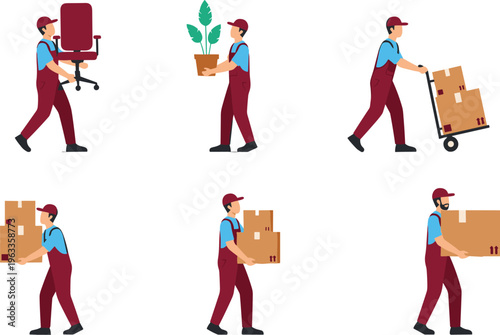 Delivery worker set with carrying boxes furniture plant moving service cartoon flat illustration collection