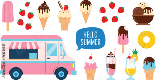 Summer ice cream collection with desserts strawberries drinks van truck colorful flat illustration set