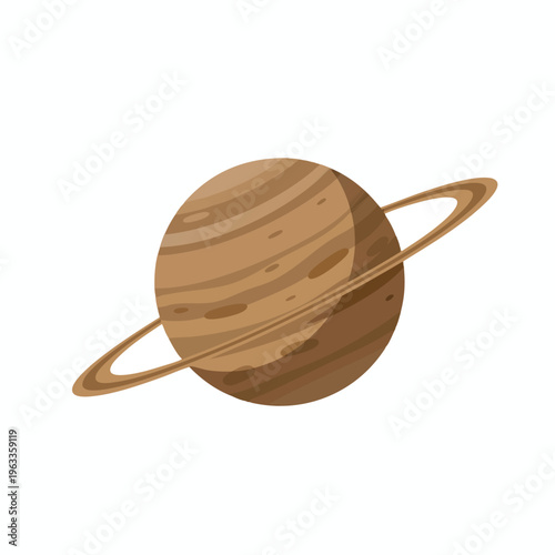 A banded brown planet with rings, illustrated on a white background