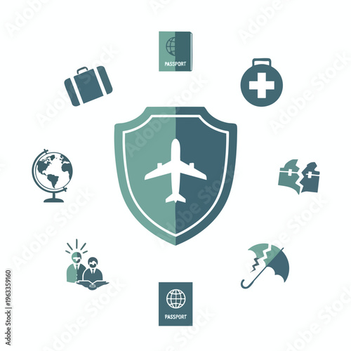 Airplane within a shield, surrounded by travel and risk icons