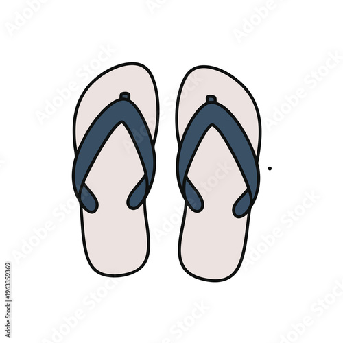 A simple flat graphic illustration of a pair of casual flip-flops with light grey soles and dark blue straps