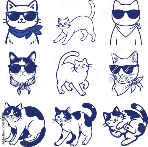 Cute Cat Character Collection with Sunglasses Vector Illustration Set