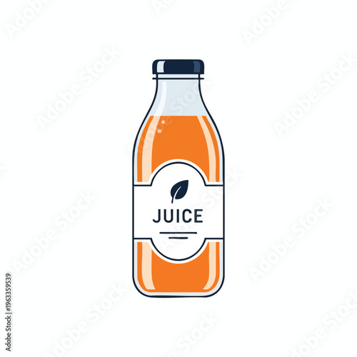 A clear glass bottle filled with bright orange juice and a navy cap