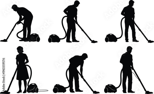 Set of people vacuum cleaning silhouettes including male and female housework poses isolated vector illustration for household chores cleaning service design projects