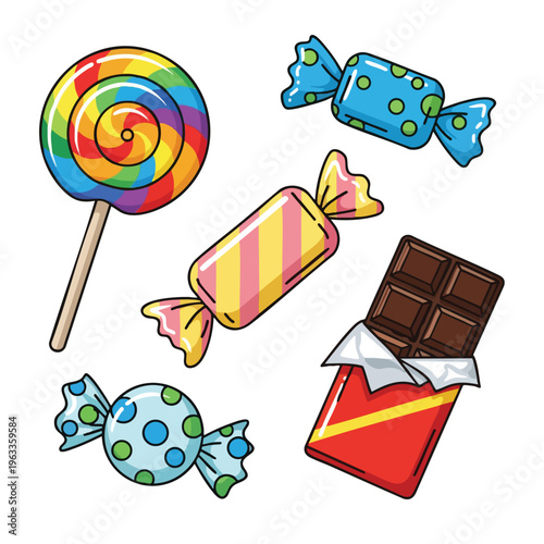 Colorful assorted candies and a chocolate bar with wrapper on white background