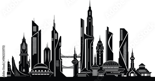 Futuristic city skyline silhouette with modern scifi buildings and tall skyscrapers