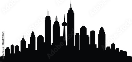 Traditional city skyline silhouette with diverse building heights and communication tower