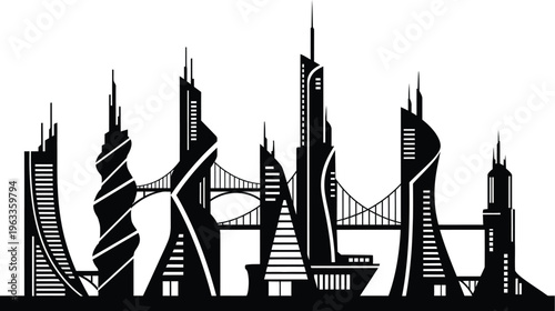 Abstract futuristic city skyline with unique curved skyscrapers and suspension bridge silhouettes
