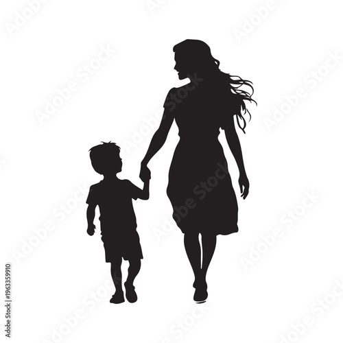 Mom and son walk forward holding hands. Mother-son relationship, trust. Isolated vector silhouette