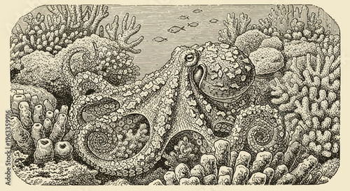 Vintage Engraving Style Octopus in Coral Reef Illustration