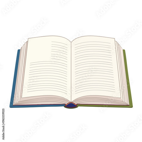 Open book with cream pages and lined text, blue and green covers