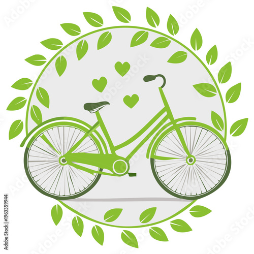 Eco-Friendly Transportation Illustration of a Green Bicycle with Leaves and Hearts, promoting sustainability and a healthy lifestyle choice