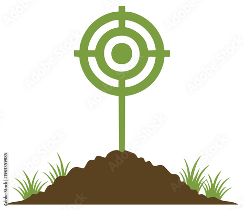 Green target emerging from brown soil surrounded by blades of grass for growth concept