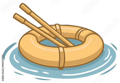 Cartoon Rubber Raft and Oars Floating on Water Illustration, Vector Art