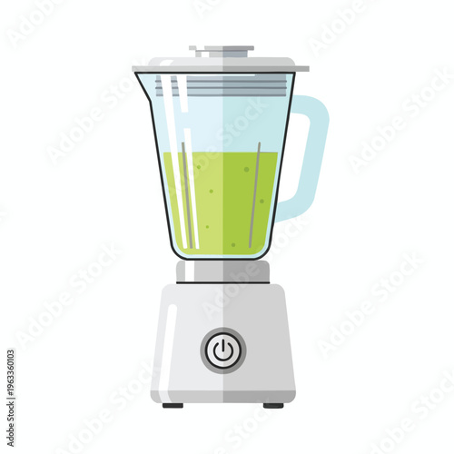 A white kitchen appliance with a glass pitcher filled with bright green liquid