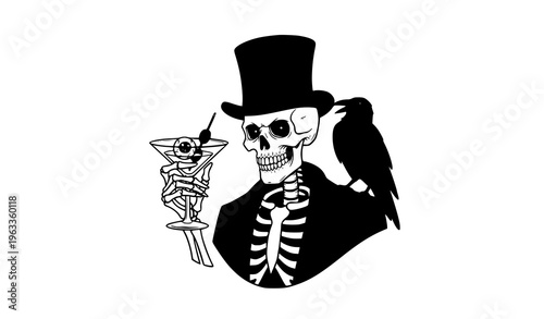 A skeleton in a top hat enjoys a cocktail with a crow