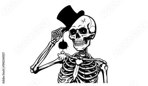A skeleton wearing a top hat salutes with a ghostly bell