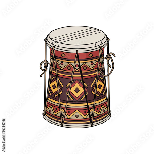 African-style drum with intricate geometric patterns and rope lacing, isolated