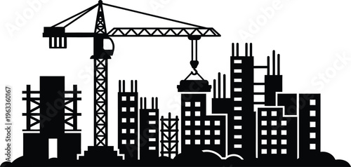 Black silhouette of a construction site with cranes and buildings