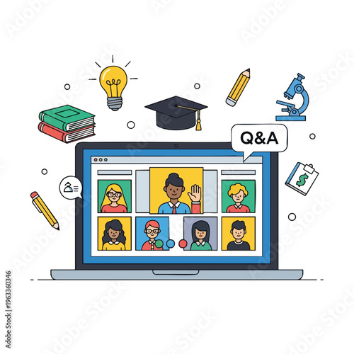 Digital classroom meeting showing participants and educational symbols