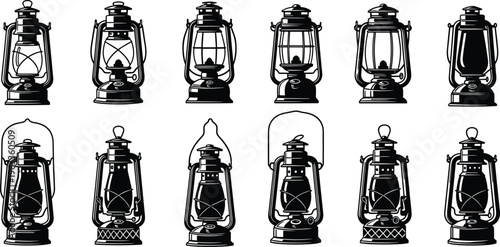 Vintage kerosene lantern silhouettes vector set featuring classic oil lamps isolated antique lighting icons for camping retro decor illustration design
