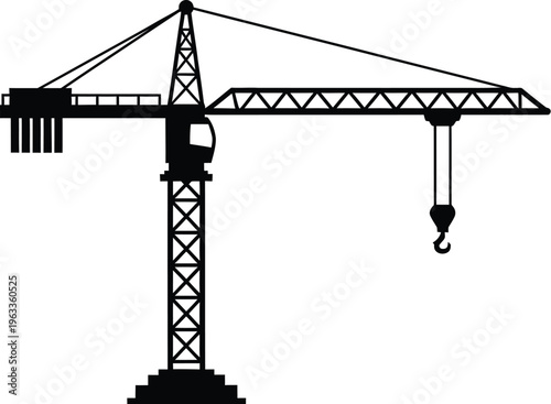 Tower crane silhouette for construction and engineering projects isolated on transparent background