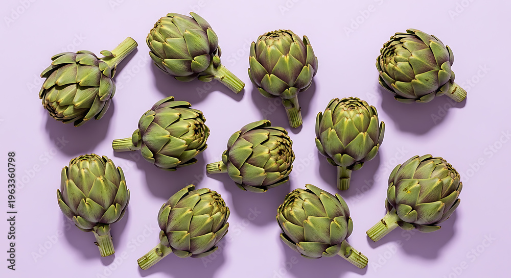 Fototapeta premium A vibrant flat lay of fresh green artichokes arranged on a lilac surface on transparent