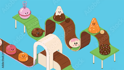 Sweet Production Line: A whimsical illustration of a confectionery factory at work, depicting a playful conveyor belt transporting a variety of cheerful.