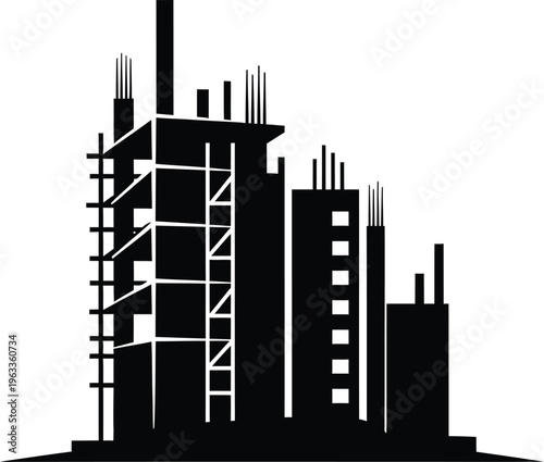 Construction site silhouette of unfinished high rise building with reinforcement and scaffolding vector illustration