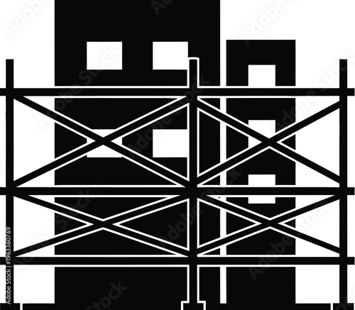 Silhouette of building under renovation with scaffolding, transparent background for construction project