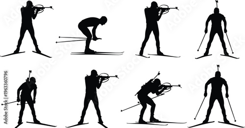 Collection of biathlon athlete silhouettes skiing and shooting winter sport vector illustration set isolated on light background for competition and training design