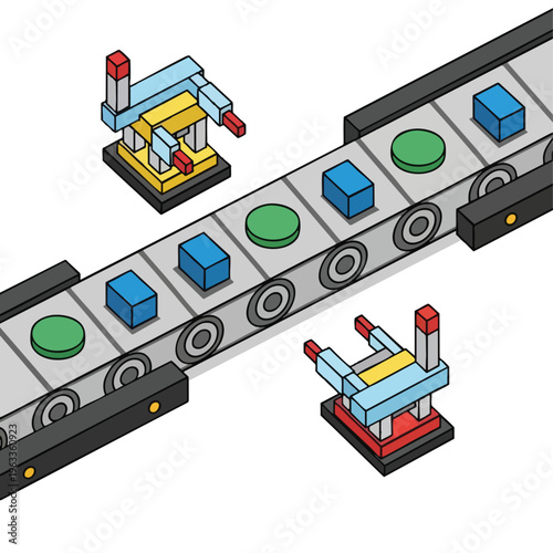 Isometric factory scene with conveyor belts, robotic arms, and various shaped components