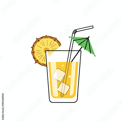 Glass of yellow drink with ice, pineapple slice, straw, and umbrella